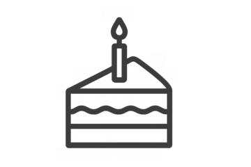Birthday cake slice icon with burning candle, celebrating party moments, flat line design element on transparent background