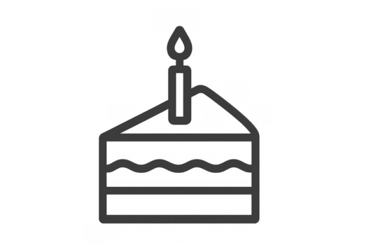 Birthday cake slice icon with burning candle, celebrating party moments, flat line design element on transparent background - Powered by Adobe