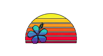 Vibrant sunset graphic with colorful stripes and a blue flower accent