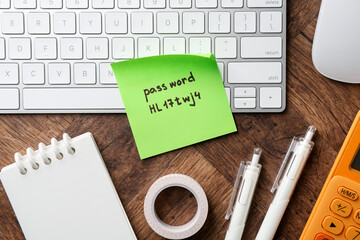 Sticky note with password, keyboard and stationery on wooden desk, flat lay