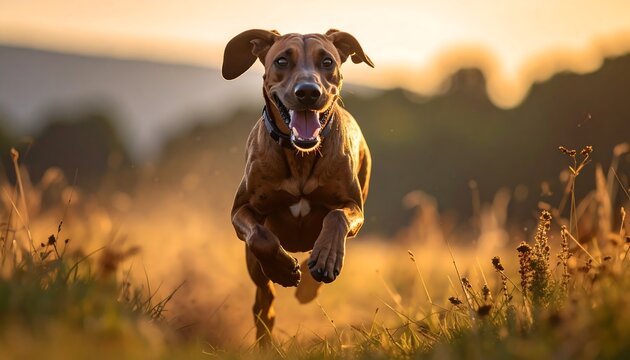 An energetic canine sprints head-on through a sun-drenched field, its open mouth and happy expression capturing joy