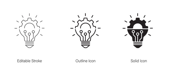 Light bulb or idea with gear wheel machine icon. Creative solutions, technological progress, and future innovations. line and solid icon element for app and web. Vector illustration. Editable stroke.
