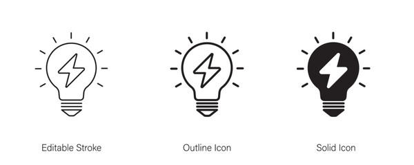 Lightning in light bulb icon. Bulb innovation. Electric energy and fuel, electrical charge power, creative solution.  line and solid icon element for app and web. Vector illustration. Editable stroke.