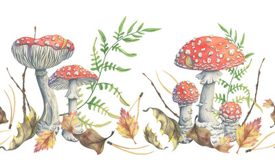 Fly agaric autumn seamless border. Hand painted watercolor illustration with bright mushrooms, dry leaves, fern and pine needles. Picturesque amanita. Perfect for seasonal design and fabric prints