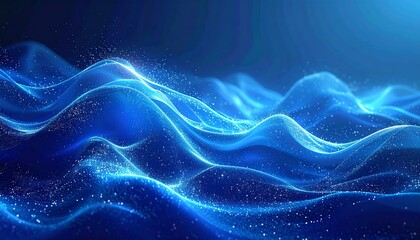 Abstract illustration of flowing blue, luminous waves. Particles sparkle throughout the undulating forms, creating a sense of depth and movement against a dark background