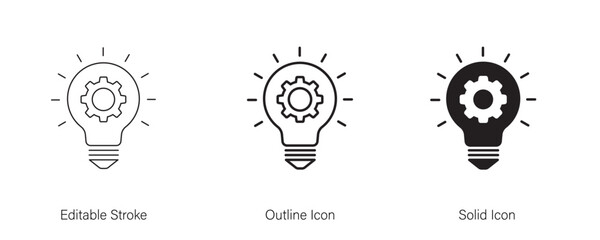 Light bulb or idea with gear wheel machine icon. Creative solutions, technological progress, and future innovations. line and solid icon element for app and web. Vector illustration. Editable stroke.