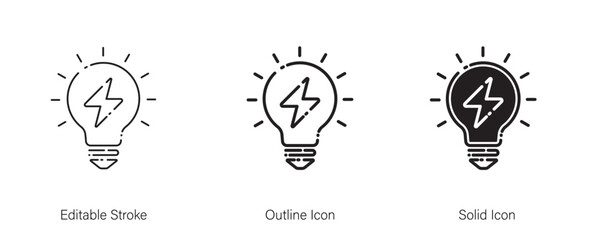 Lightning in light bulb icon. Bulb innovation. Electric energy and fuel, electrical charge power, creative solution.  line and solid icon element for app and web. Vector illustration. Editable stroke.