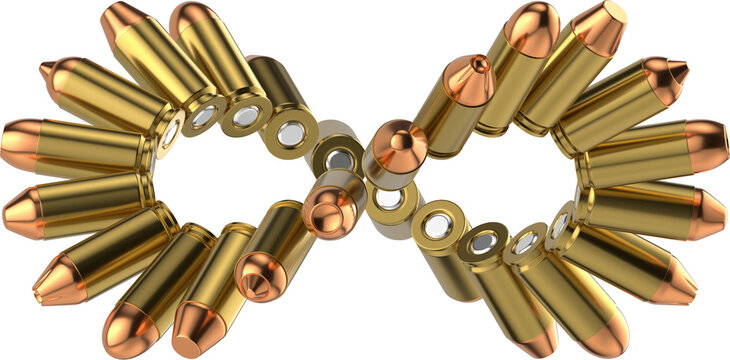 Infinity Symbol Made of 9mm Bullets &ndash; Concept of Endless Cycle of Power, Conflict, and Protection. 3D isolated illustration