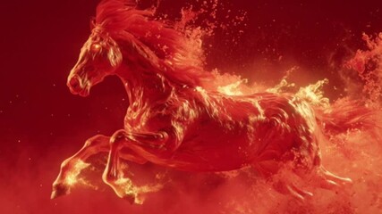 Hyper-realistic cinematic Chinese New Year scene featuring a fiery horse blazing against a vibrant red background, symbolizing power, prosperity, and for the Year of the Horse in the Chinese zodiac