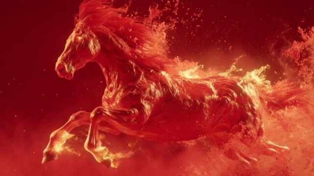 Hyper-realistic cinematic Chinese New Year scene featuring a fiery horse blazing against a vibrant red background, symbolizing power, prosperity, and for the Year of the Horse in the Chinese zodiac