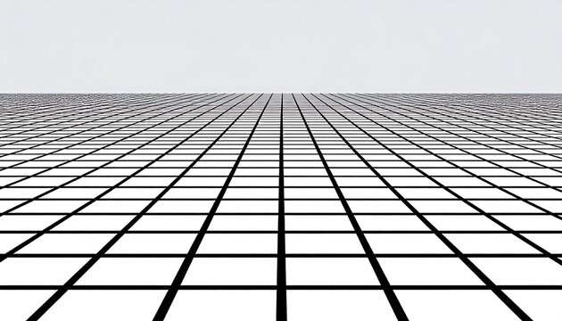An abstract perspective composition with a receding grid pattern that creates depth, set against a plain, light-grey background, emphasizing lines - Powered by Adobe