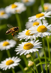 Obraz premium Honeybee in Flight Near Spring Daisies