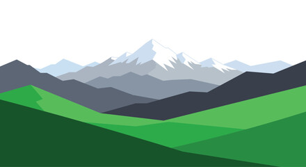 Geometric mountain range with green hills and snow capped peaks landscape nature