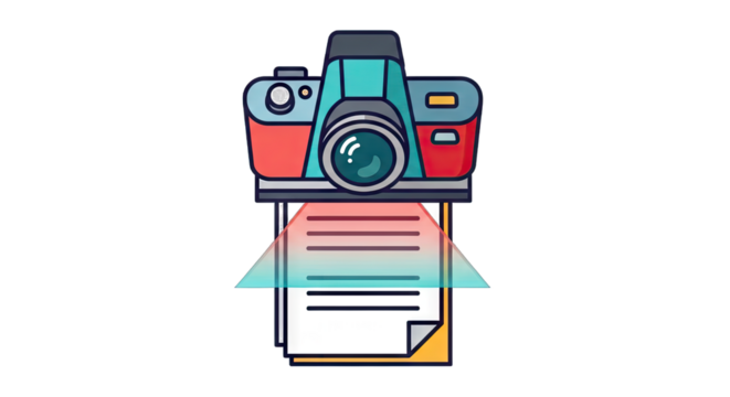Colorful camera capturing a document with a vibrant background scene