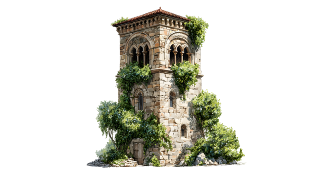 Medieval stone watchtower with arched windows and ivy covered walls