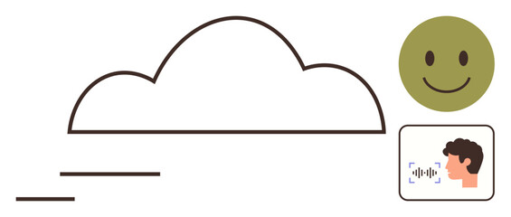 Cloud with lines suggesting movement, smiling face, and human profile with voice waveform. Ideal for communication, AI, cloud computing, feedback, user experience technology interaction. Clean flat