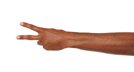 African-American man showing two fingers on white background, closeup