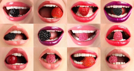 Fototapeta premium Women holding different berries and candies in mouth, closeup. Female lips with different shades of lipstick, collage