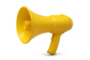 Yellow megaphone announcing concepts, spreading news, communicating protest, making public announcements, drawing attention