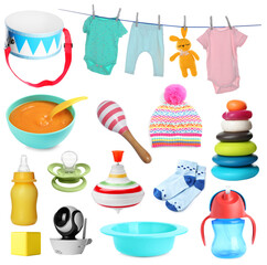 Baby accessories and stuff isolated on white, set