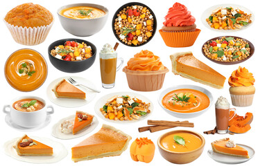 Pumpkin dishes, desserts and drinks. Seasonal menu collection on white background