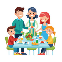 family enjoying dinner at restaurant cartoon illustration