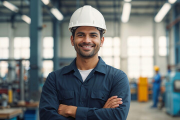 A man wearing a hard hat and a blue shirt is smiling for the camera. He is standing in a factory with other people