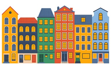 Colorful row of tall narrow buildings with distinct architectural styles