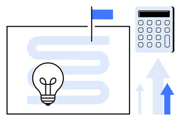 Blueprint with lightbulb icon, blue flag, calculator, and arrows representing ideas, success, goals, planning, innovation growth financial insights. Ideal for strategy entrepreneurship minimal