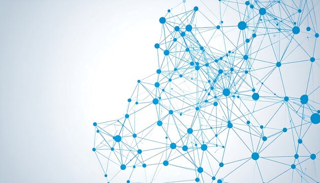 Abstract blue network of interconnected nodes and lines, resembling a neural network or molecular structure, against a gradient white background - Powered by Adobe