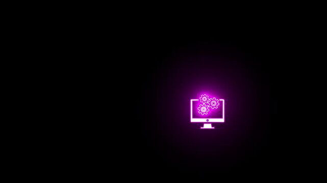 Animation of glowing neon Computer and 3 setting icon isolated , monitor with gears icon animation, setting icon .Neon pink computer monitor with gear and clipboard icon on black background