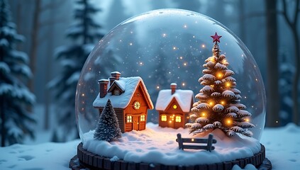 Magical Snow Globe Christmas Scene with Cozy Cottages and Falling Snow
