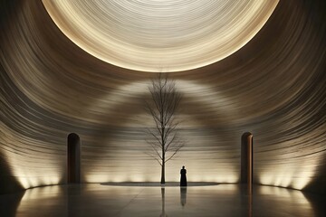 Surreal Solitary Figure Before Bare Tree in Vast Glowing Cylindrical Chamber Interior