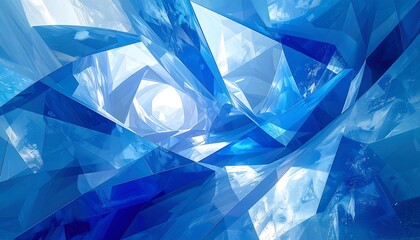 An abstract, crystalline artwork featuring sharp, geometric shapes in varying shades of blue, creating a tunnel-like perspective