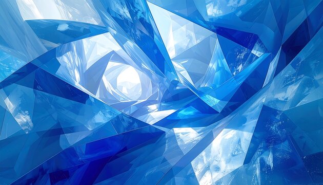 An abstract, crystalline artwork featuring sharp, geometric shapes in varying shades of blue, creating a tunnel-like perspective