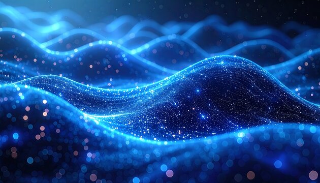 Abstract illustration of glowing blue waves with sparkling particles, creating a visual of energy and flow in a darkened space