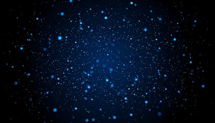 An abstract dark blue background, speckled with glowing particles of various sizes and brightness, creating a cosmic and dynamic effect