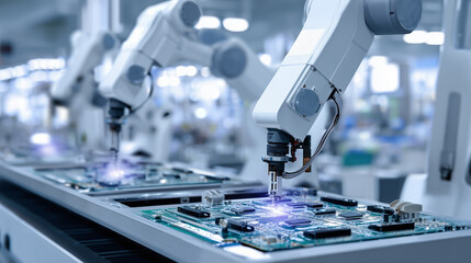 Advanced robotic arms are working efficiently to assemble circuit boards in a modern manufacturing facility. The precision tools highlight the automation of production processes