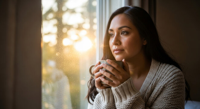 Woman enjoys peaceful morning, holding cup of coffee while gazing out of window in her cozy bedroom at home, embracing serene lifestyle