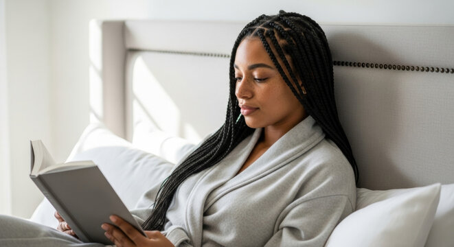 Woman enjoys peaceful morning wake up routine, reading book in her cozy bedroom at home, embracing calm and relaxed lifestyle