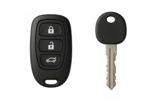 Car key and remote control fob creating security access and locking features for automobile with transparent background