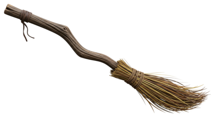 Enchanting rustic wooden broom with straw bristles, evoking ancient magic and whimsical folklore, ideal for mystical themes, spellcasting illustrations, or fantasy-themed designs