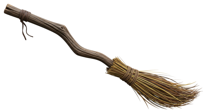 Enchanting rustic wooden broom with straw bristles, evoking ancient magic and whimsical folklore, ideal for mystical themes, spellcasting illustrations, or fantasy-themed designs