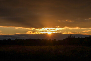 An explosive landscape conveys a dramatic sunset or sunrise, where rays of light break through dark clouds above the silhouette of a forest and field.