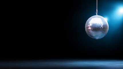 Fototapeta premium A large disco ball hangs from the ceiling, casting bright reflections across a dimly lit space