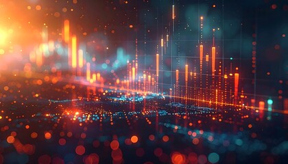 An abstract, data-visualization image depicting glowing, orange, and teal lines and dots, suggesting complex data analysis