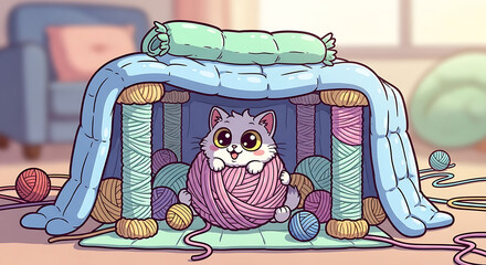 Fluffy Kitten Nestled in Yarn Ball Inside Blanket Fort