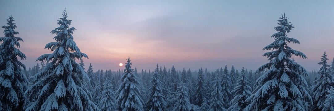 Winter sunset over a snow-covered forest landscape in tranquility - Powered by Adobe