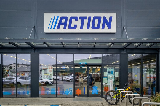 Wroclaw, Poland - October 7, 2025: Action discount store entrance with company logotype on the wall.