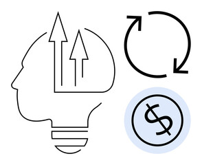 Clean design showing a head-shaped lightbulb with arrows, a rotation icon, and a dollar sign coin. Ideal for business, innovation, progress, finance, investment, growth strategy simple flat